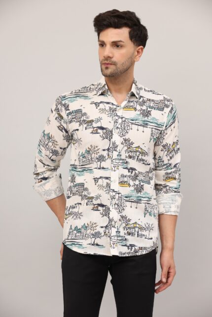 Men Regular Fit Printed Tie up Collar Casual Shirt